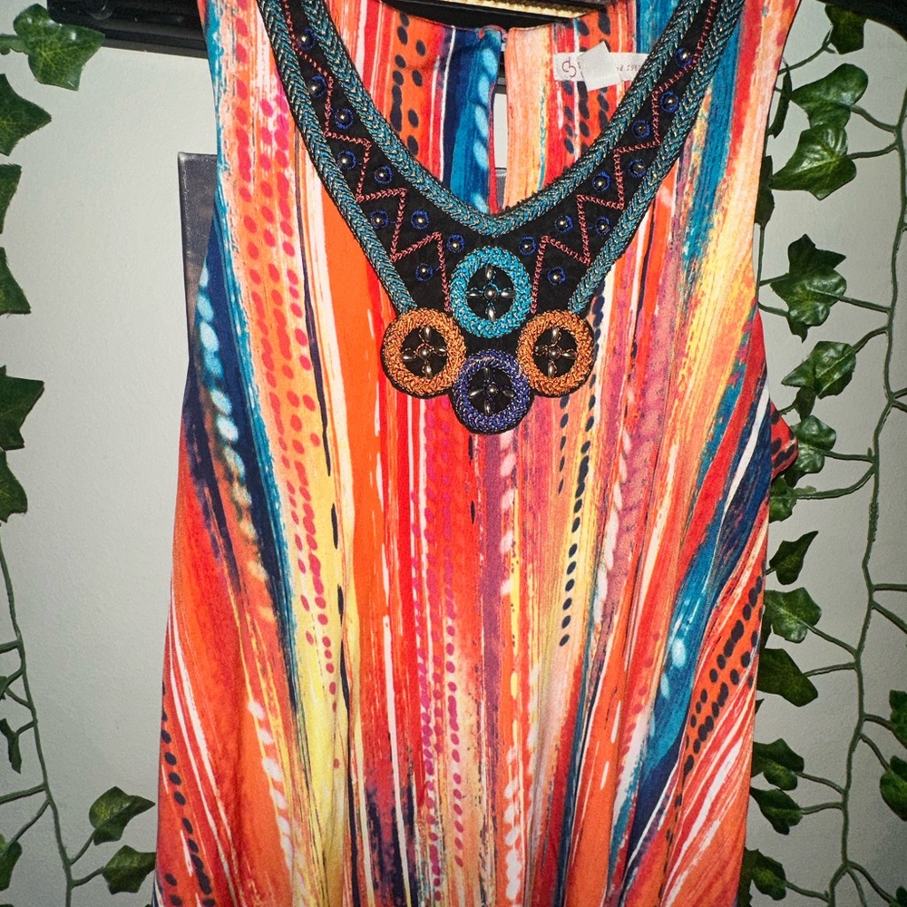 Custo Barcelona Orange and Blue Midi Dress